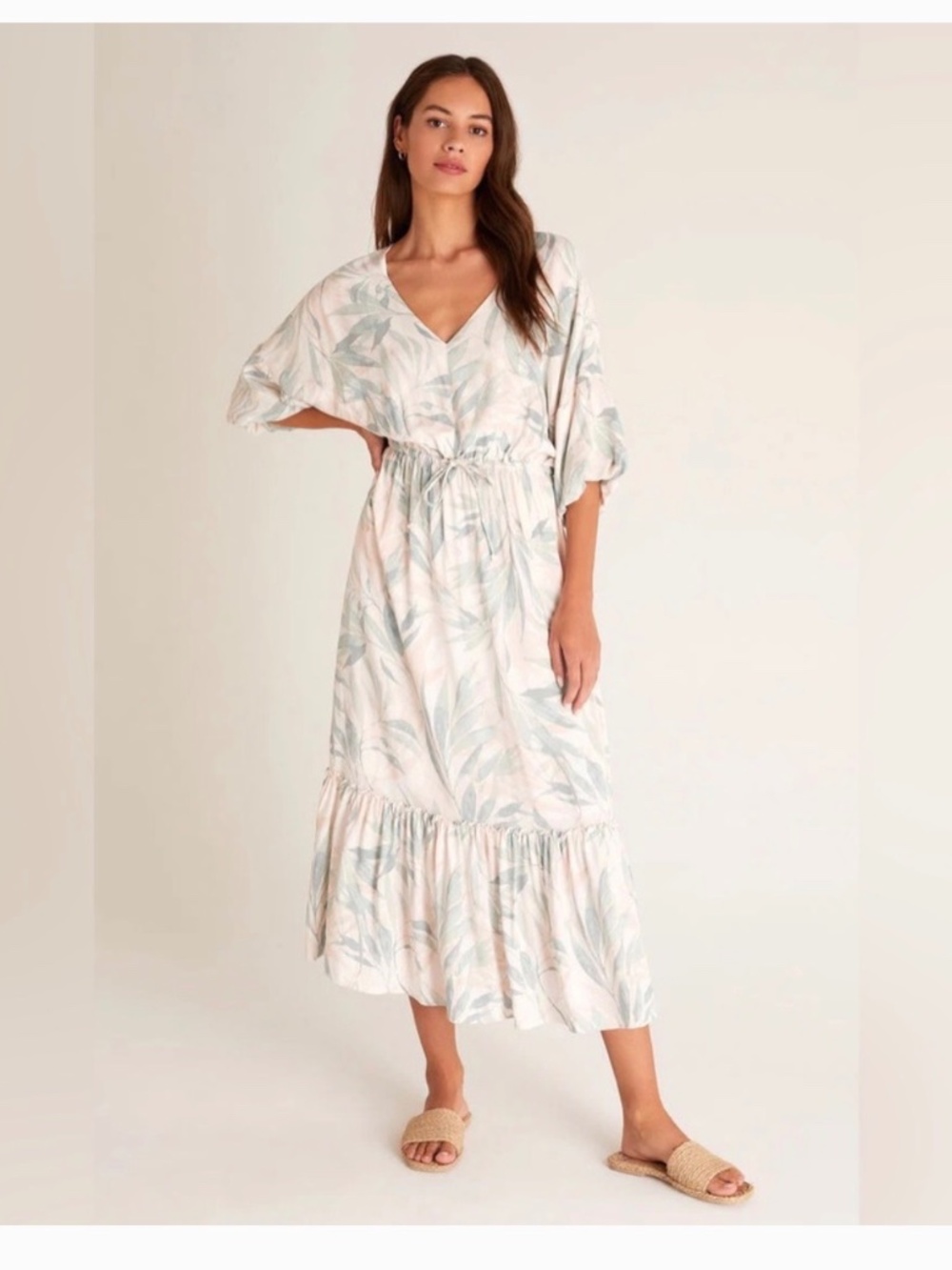 NWOT Z Supply Oasis Palm Print Tiered Midi Dress Small Resort Coastal